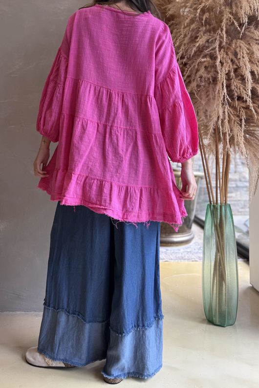 Driftwood Bell Sleeve Smock Top Hot Pink
